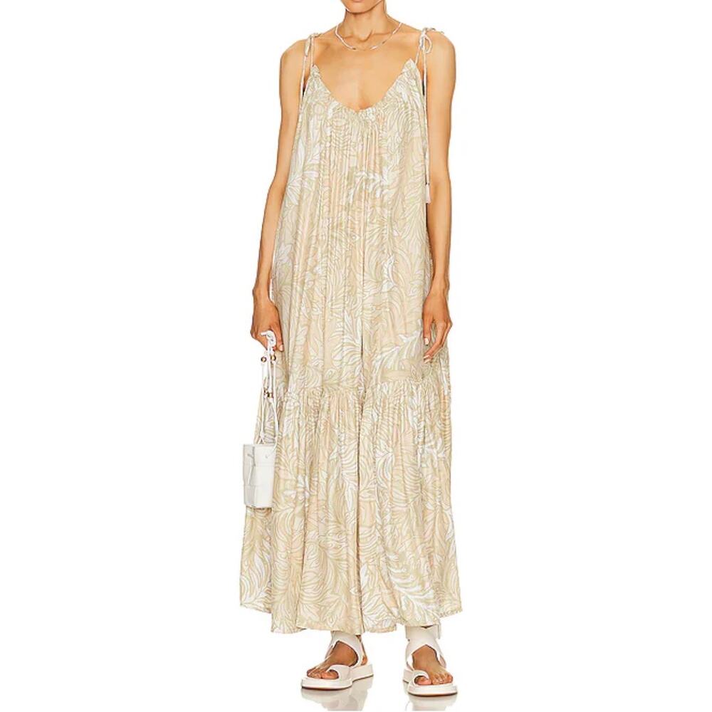 Natalie Martin Beige Palm-Print Maxi Dress